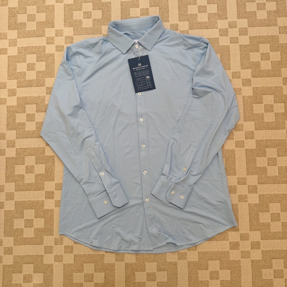 Mizzen+Main Mens XL Trim Fit Blue Gingham Spinnaker Performance Dress Shirt NWT